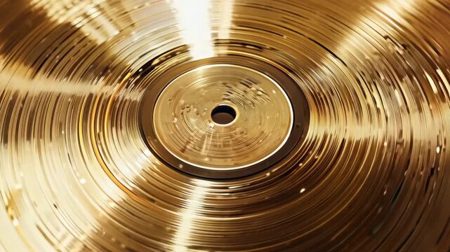 A golden vinyl record spins on a turntable as light reflects off its surface in a music studio