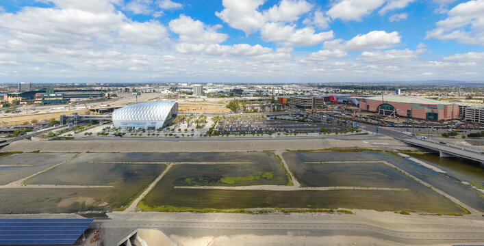 Aerial view of ARTIC, Anaheim Regional Transportation Intermodal Center, in Anaheim, California.