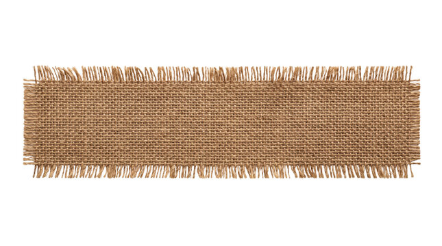 Blank burlap fabric banner top view isolated. Rustic label template.