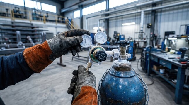 Worker in protective gloves adjusts oxygen regulator on a frozen gas cylinder in a factory