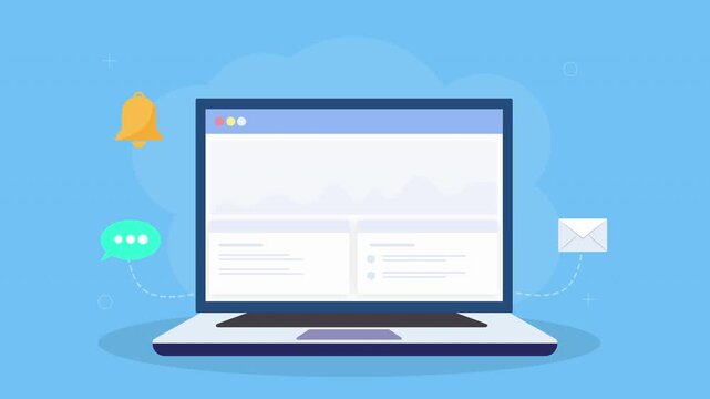 Animated laptop displaying notification messaging dashboard with alert bell, chat bubbles, and email elements in clean flat design on teal background.