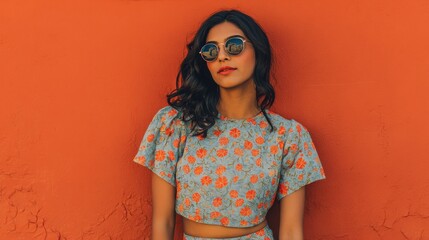 Fototapeta premium Stylish young woman with sunglasses and floral crop top posing confidently against a vibrant orange textured wall embodying modern spring fashion and urban lifestyle
