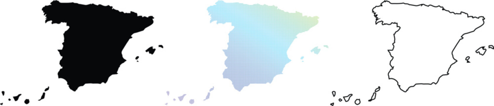Map of Spain Vector Set Featuring Solid Silhouette, Colorful Dotted Pattern, and Simple Black Outline Designs on White Background