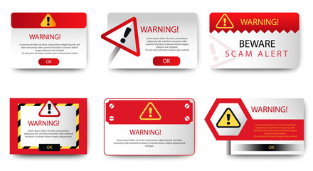 Scam alert notification set icon. fraud notice alert. malware hack attack atention banner pop up. vector © Yuni25