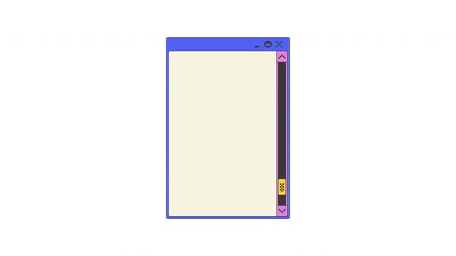 Scrollbar navigation blank pixel art pop-up window UI overlay animation. Vertical scrolling bar empty page. Content control panel. Blocky interface element motion. Retro 8bit UX design 4K video
