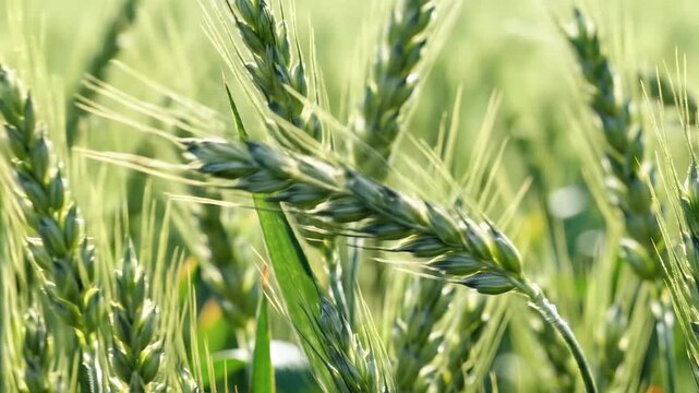 Closeup of green wheat stalks swaying gently in a sunlit field.