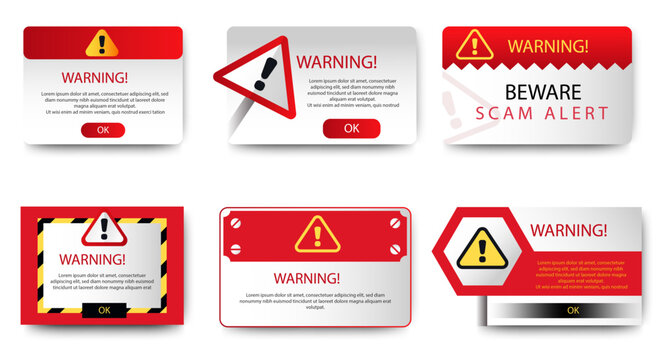 Scam alert notification set icon. fraud notice alert. malware hack attack atention banner pop up. vector