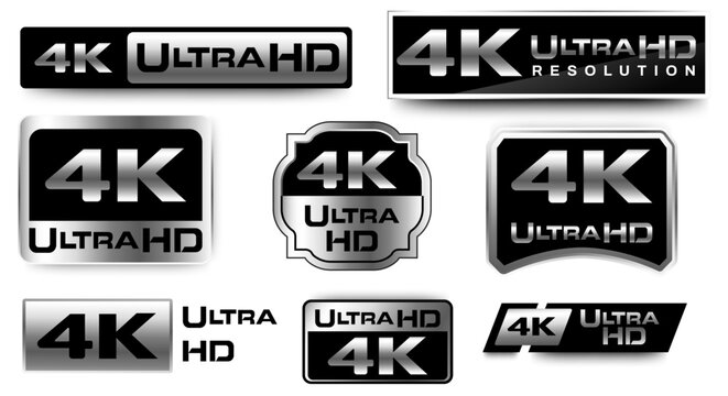 Set of 4K Resolution Ultra high definition logo icon with silver and black. vector