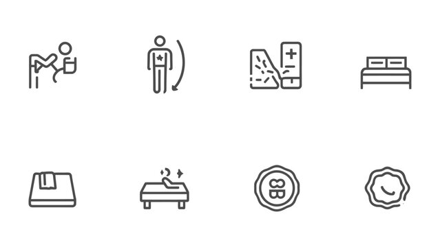 Wellness and Relaxation Icon Collection: A set of minimalist icons representing various aspects of wellness and relaxation. Includes imagery related to sleep, comfort, and care.