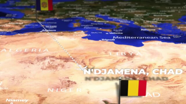 Flight From Andorra la Vella ANDORRA N Djamena CHAD with flag pins