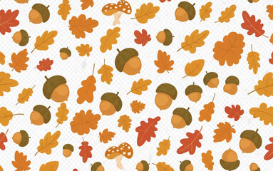 Fototapeta premium Seamless pattern of acorns, oak leaves, and mushrooms, perfect for autumn and fall decor
