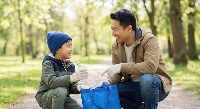 Father and son picking up trash in park