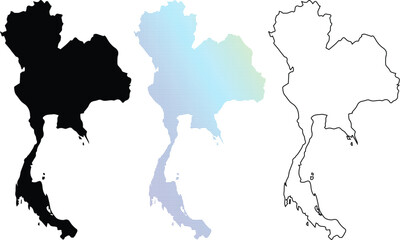 Fototapeta premium Set of Thailand Map Silhouettes featuring Solid Black, Line Art Outline, and Blue Gradient Dotted Halftone Pattern for Geographic and Travel Designs