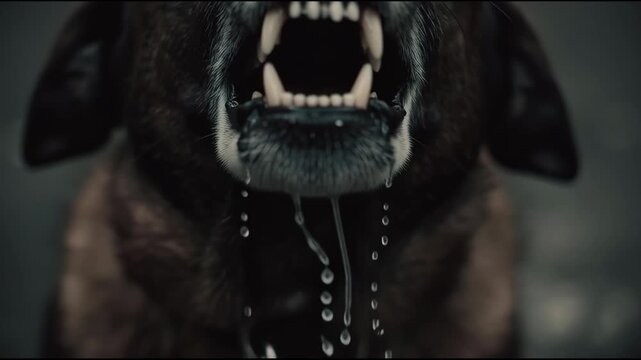 Close Up of an Aggressive Dog Snarling and Barking with Saliva