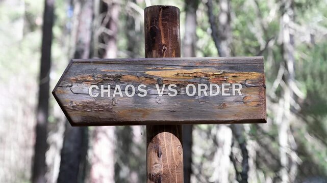 Rustic wooden signpost in a green forest. The profound message Chaos versus Order appears slowly on its textured surface