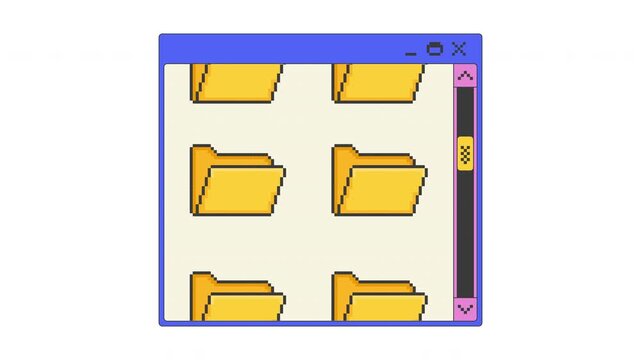 Multiple folders with scroll bar pixel art pop-up window UI overlay animation. Directory browsing. File organization. Storage navigation. Blocky interface element motion. Retro 8bit UX design 4K video