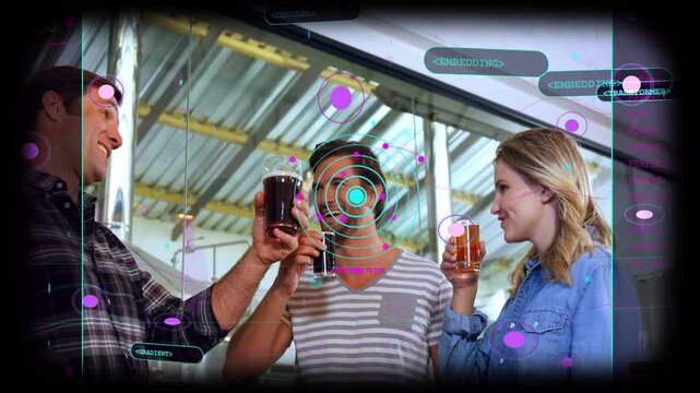 Three friends clinking glasses and sipping beer at brewery tanks with AR overlay scanning