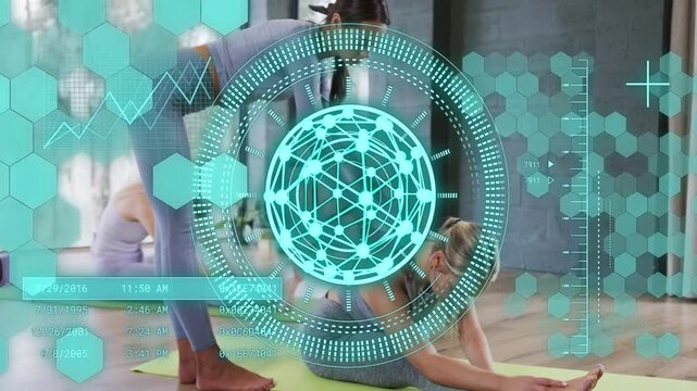 Coach stepping in pressing hands, deepening student forward fold for health cyan hex HUD overlaying