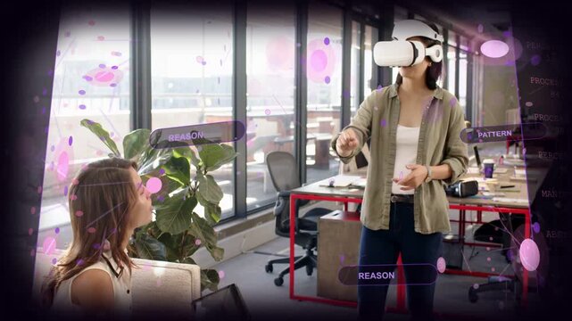 Standing VR user scanning virtual space after tablet prompt, manipulating floating UI for demo