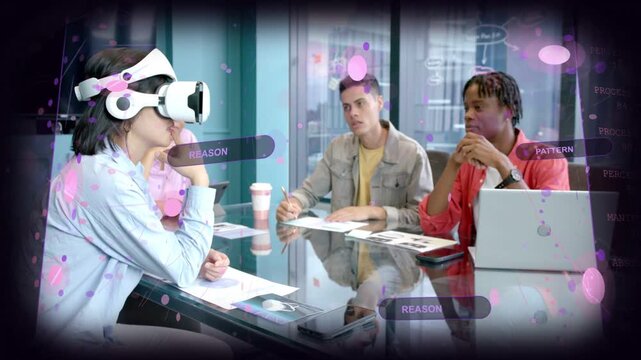 Headset user moving head, initiating tech UI overlay showing REASON and PATTERN during product demo