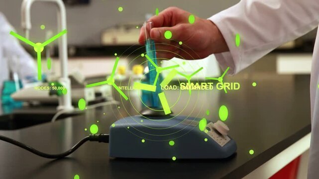 Mixer contact starting right hand placing blue vial while green HUD expanding showing SMART GRID