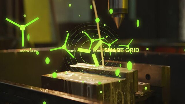 Machining head contacting workpiece, coolant feeding, AR centering SMART GRID highlighting metrics