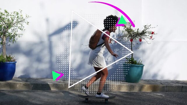 Woman pushing off skating sunlit street past pots while bolt over center hiding rider for marketing