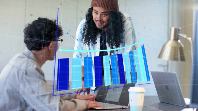 Standing teammate gesturing, hologram blue bars rising then condensing to show business KPI