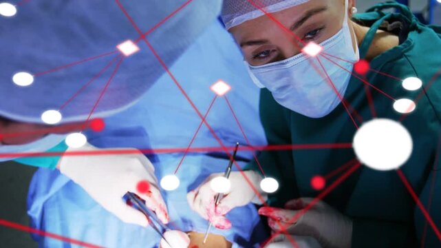 Surgeon starting incision, surgical team using forceps,cautery, red-white nodes expanding over site