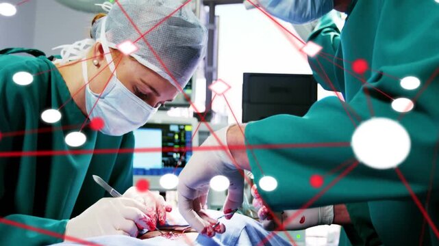 Lead surgeon and assistant using blade in surgery, inspection starting overlay guiding suturing