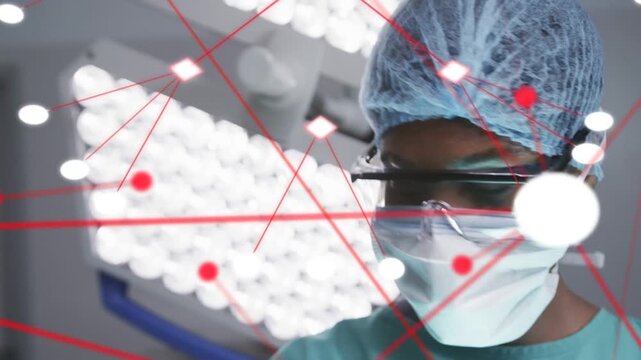 Female surgeon turning head right as red node network overlays intensify, assessing surgical field