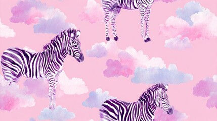 Obraz premium Watercolor boho zebra with clouds seamless repeat pattern, cute nursery decorative design on soft pastel background for textile and surface print