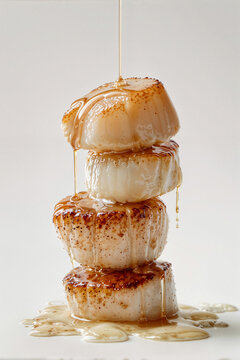 Stack of three seared scallops with even deep brown Maillard crust all over top surface and creamy white body, golden amber butter reduction dripping down ribbed sides on white background