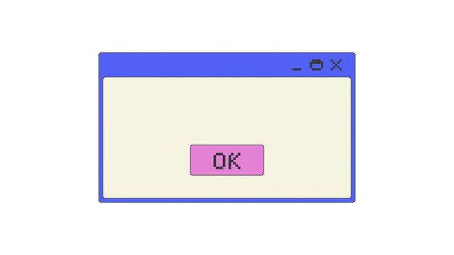 Confirmation ok button pixel art pop-up window UI overlay animation. Action approval. Blank dialog box interaction. Accept click. Blocky interface element motion. Retro 8bit UX design 4K video