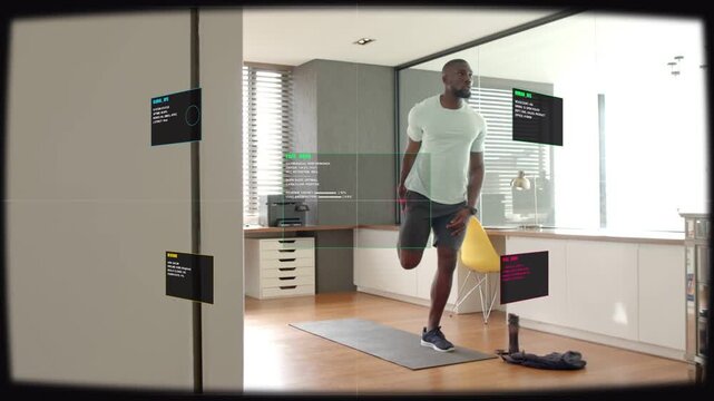 HUD popping, man stretching and marching on grey mat by chair, fitness dash updating for metrics