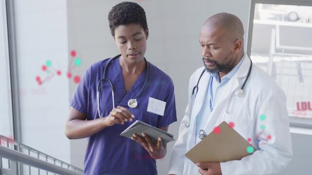 Nurse tapping tablet, doctor leaning and pointing, animated medical charts on tablet guiding care