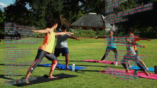 Instructor stepping on black mat teaching kids yoga Warrior II side-bend with code overlaying limbs