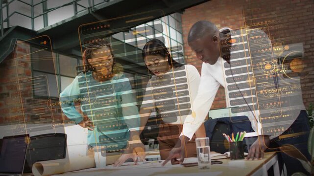 Three-person team spreading plans, pointing and marking in loft, holo UI guiding design decisions