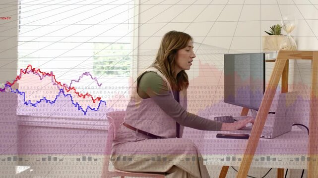 Woman reaching for keys, typing in home office, revealing graph overlay to analyze business data