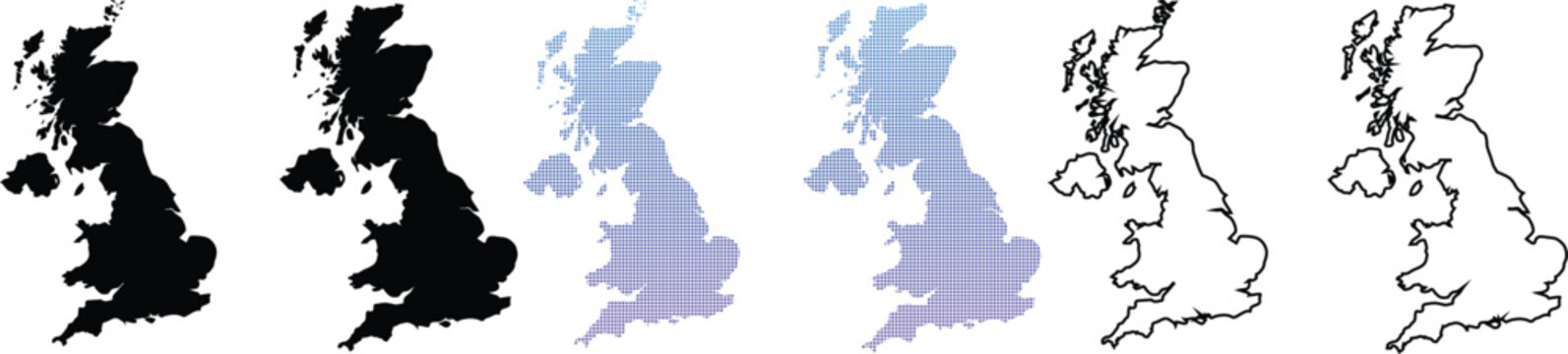 Collection of United Kingdom Map Icons featuring Silhouette, Outline and Dotted Gradient Styles including Great Britain and Northern Ireland