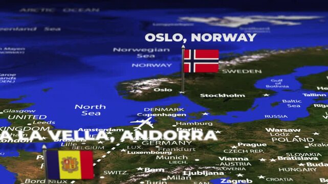 Flight From Andorra la Vella ANDORRA Oslo NORWAY with flag pins