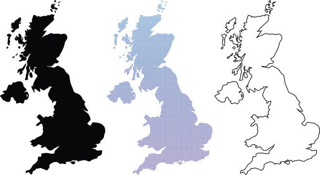 Set of United Kingdom map silhouettes including solid black, blue gradient dotted halftone pattern, and simple outline styles for Great Britain and Northern Ireland.
