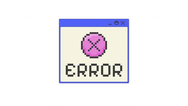 Error notification pixel art pop-up window UI overlay animation. System failure. Unsuccessful operation. Wrong task. X warning alert. Blocky interface element motion. Retro 8bit UX design 4K video