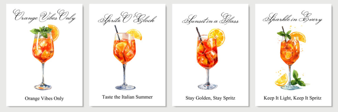 Vibrant Aperol spritz cocktail illustration with orange slice and ice, perfect for summer party invitations, Italian beverage posters, or festive drink menu designs.