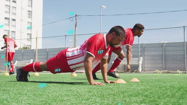 Lead player starting drill on turf doing pushups to burpee animated counter showing reps for soccer