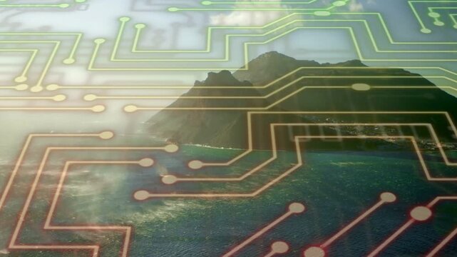 Rocky island holding firm, sunlight initiating circuit pulsing across sea and showing technology