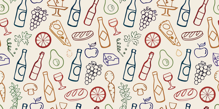 A colorful pattern of fruits wine bottles and picnic food items