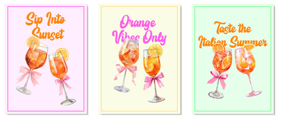Fototapeta premium Watercolor aperol spritz cocktail illustration with orange slices and ice. Hand-drawn summer drink perfect for party invitations, posters, or Italian beverage menus.