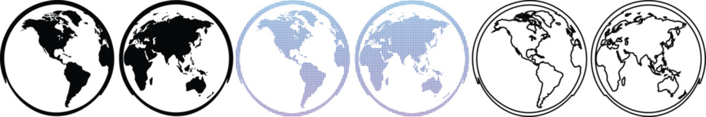 Fototapeta premium Collection of world map globe icons featuring solid black silhouettes, pixelated blue gradients, and minimalist line art outlines showing different perspectives of Earth.