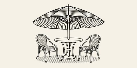 A sketch of a cafe table and chairs under a large parasol © Ajay